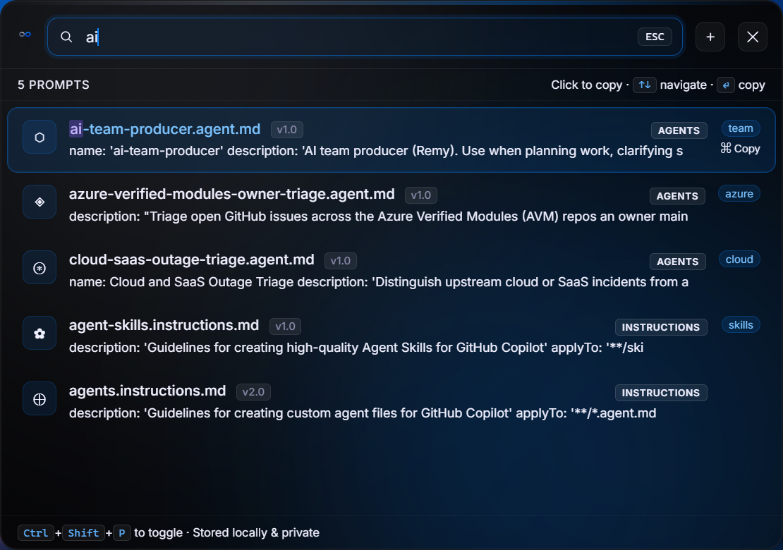 Promptnote Quick Picker modal overlay summoned with Ctrl+Shift+P