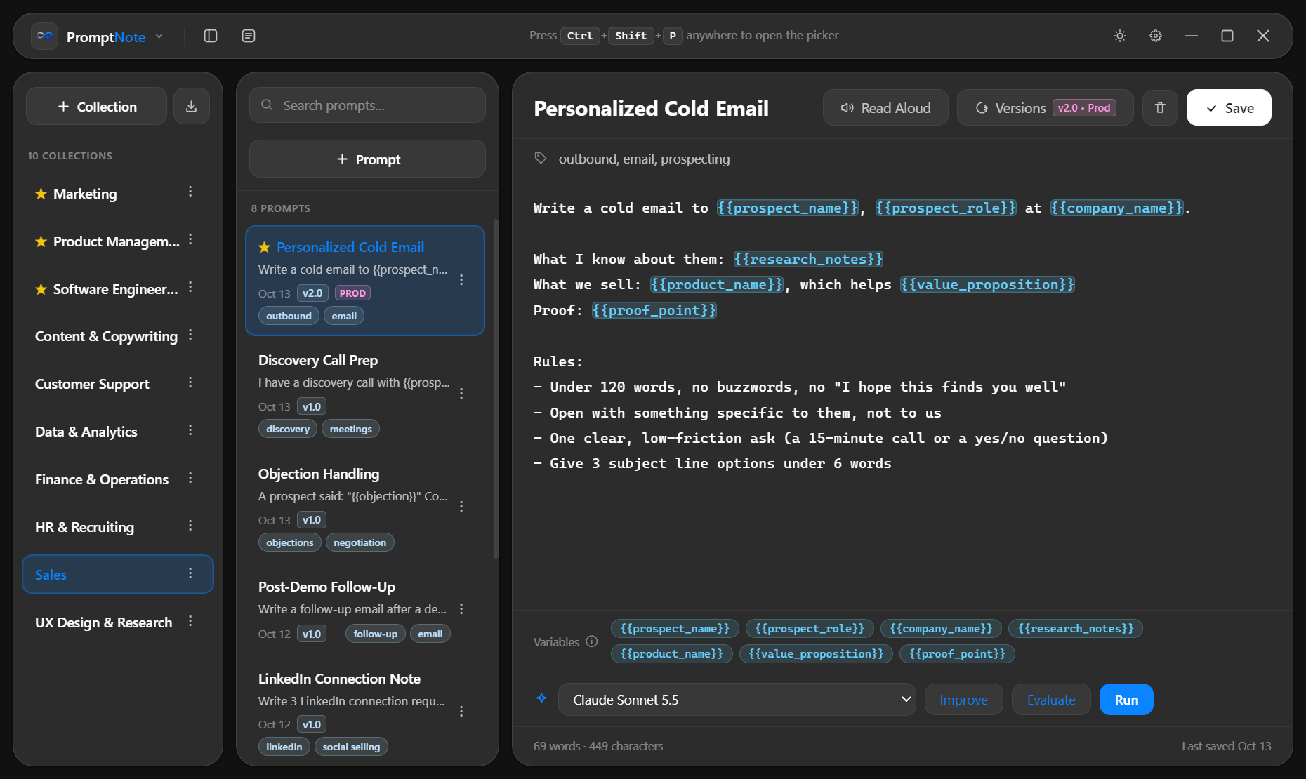 PromptNote library with collections in the sidebar and a prompt open in the editor, its {{variables}} highlighted