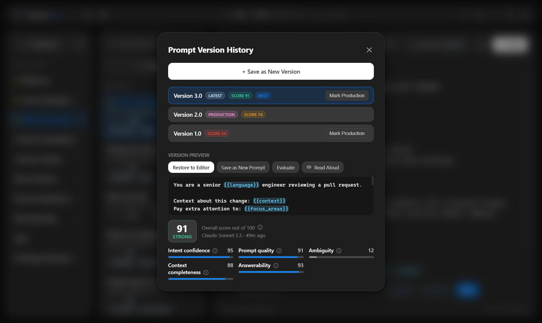 Prompt Version History with three versions, one marked Production, each with its evaluation score