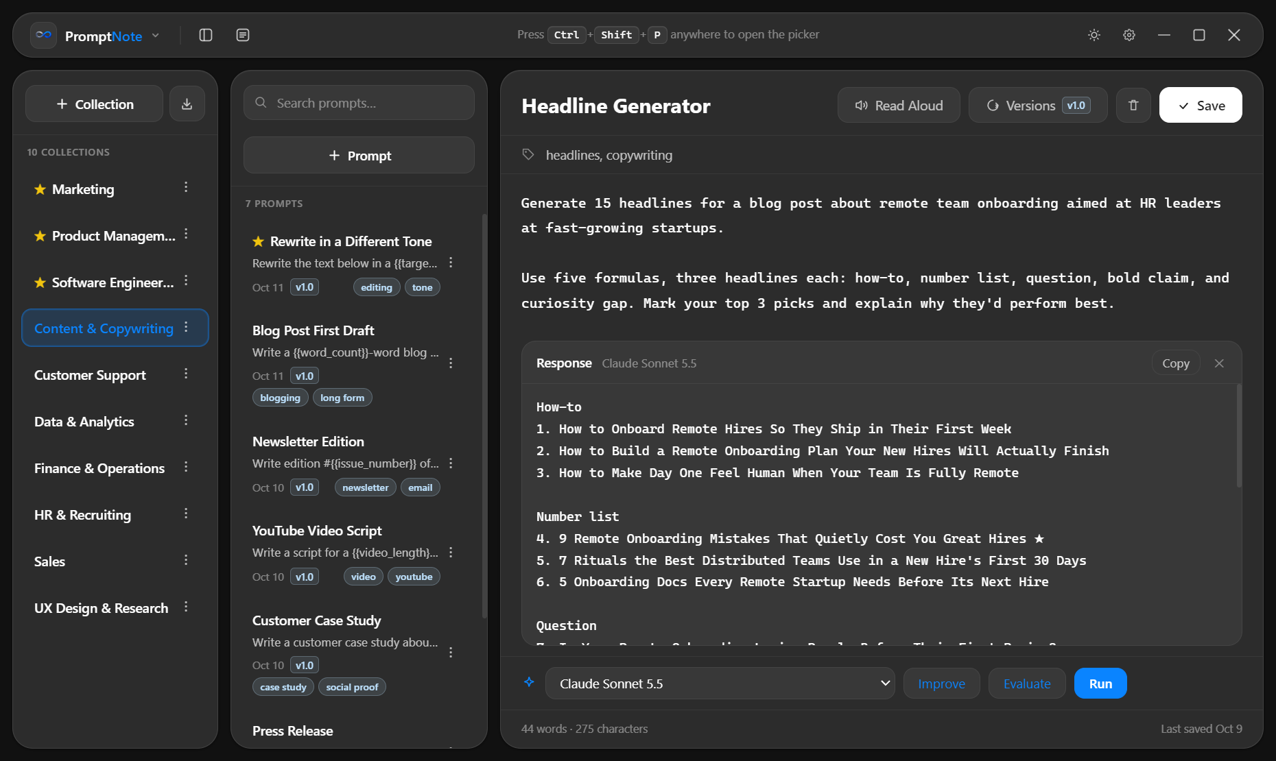Running a prompt with an AI model and reading the response inside PromptNote