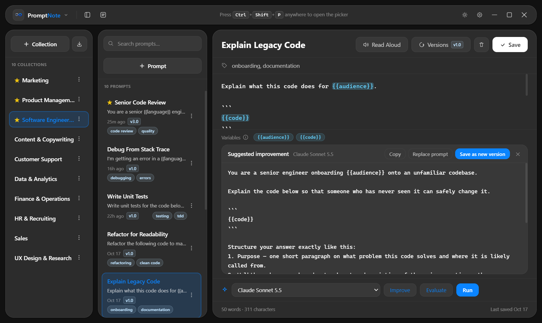 PromptNote Improve panel showing a suggested rewrite of a short 'explain this code' prompt into a structured prompt with a senior engineer persona, with Copy, Replace prompt and Save as new version buttons