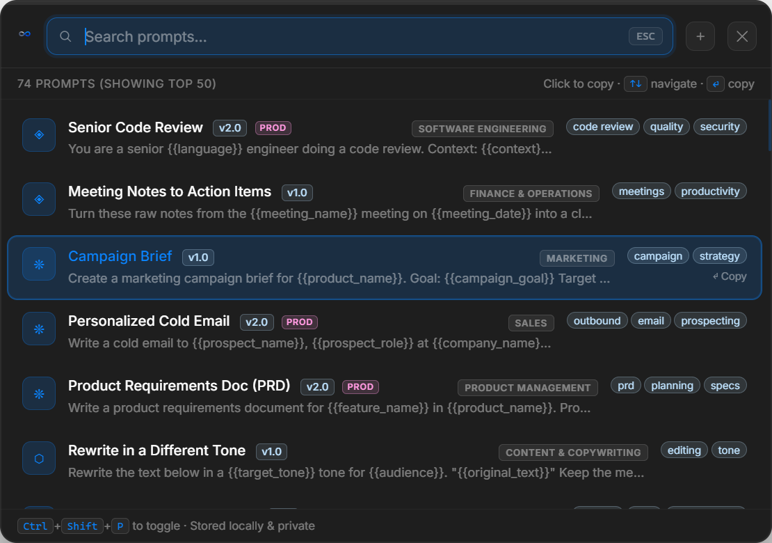 PromptNote Quick Picker listing saved prompts such as Senior Code Review and Campaign Brief, with version and Production badges